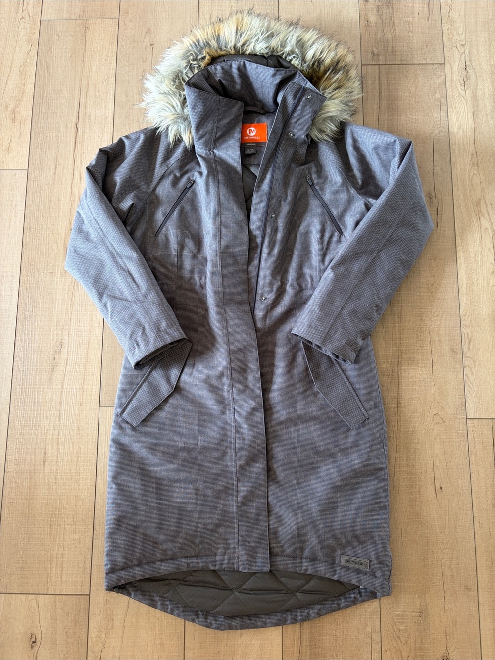Merrell Women's Gray Long Puffer Parka with Faux Fur Trim